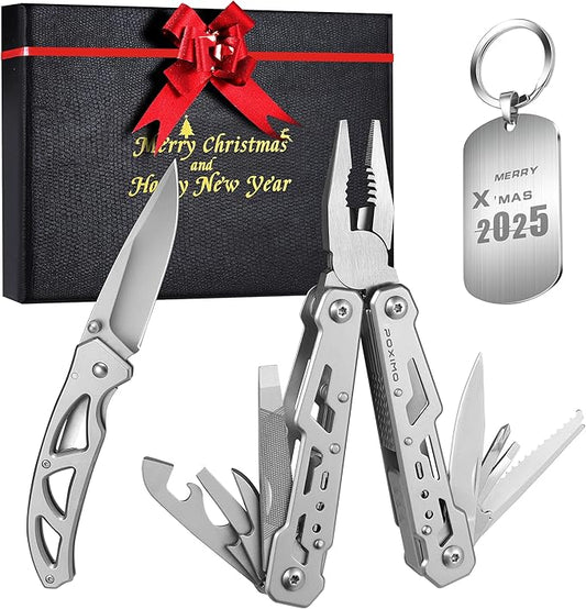 Multitools Gift Set ?쏮erry Christmas?? Christmas Gift 14-in-1 Multi-tool Pliers & Folding Knife Set with Keychain Tag, 3-Piece EDC Kit for Camping, Hiking - Premium Gifting Box for Christmas