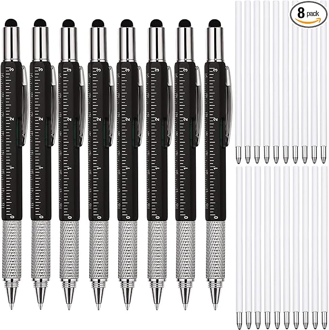 Zhanmai 8 Pcs Multitool Pens 6 in 1 Multi-tool Pen Set with Refills for Men's Birthday Gifts, Christmas Stocking Stuffers for Men Dad Husband (Black)