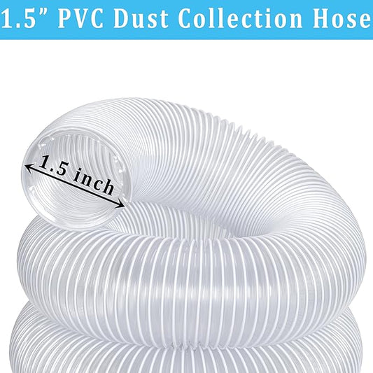 Dust Collection hose 1-1/2 in 횞 10 ft Clear Flexible PVC Fume Hose with Carbon Steel Wire for Dust Collector Table Saw Planer Woodworking, Lightweight and Puncture Resistant, with 4 Clamps
