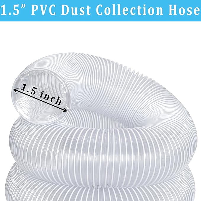 Dust Collection hose 1-1/2 in 횞 20 ft Clear Flexible PVC Fume Hose with Carbon Steel Wire for Dust Collector Table Saw Planer Woodworking, Lightweight and Puncture Resistant, with 4 Clamps