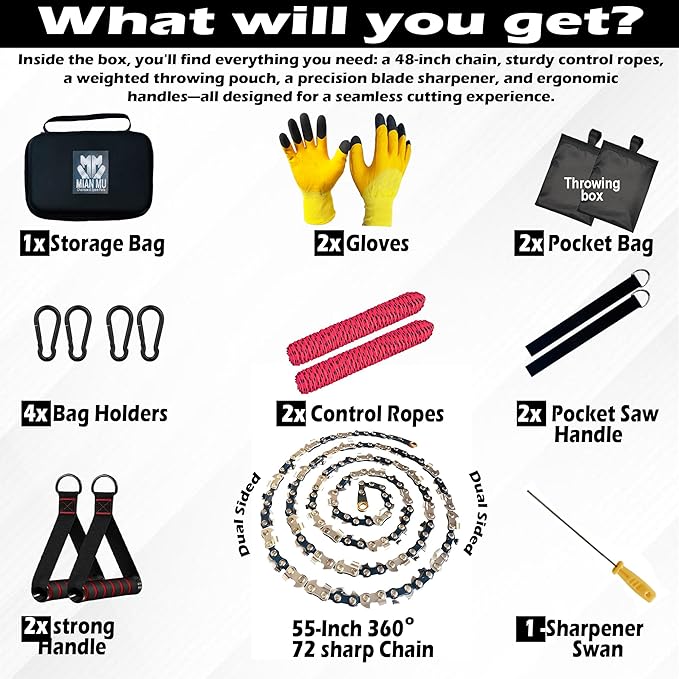 55 Inch High Limb Rope Saw – Dual Sided Pocket Chainsaw with 70 Sharp Teeth 360° – Rope Tree Saw High Limb Tool with Storage Box for Outdoor Adventures