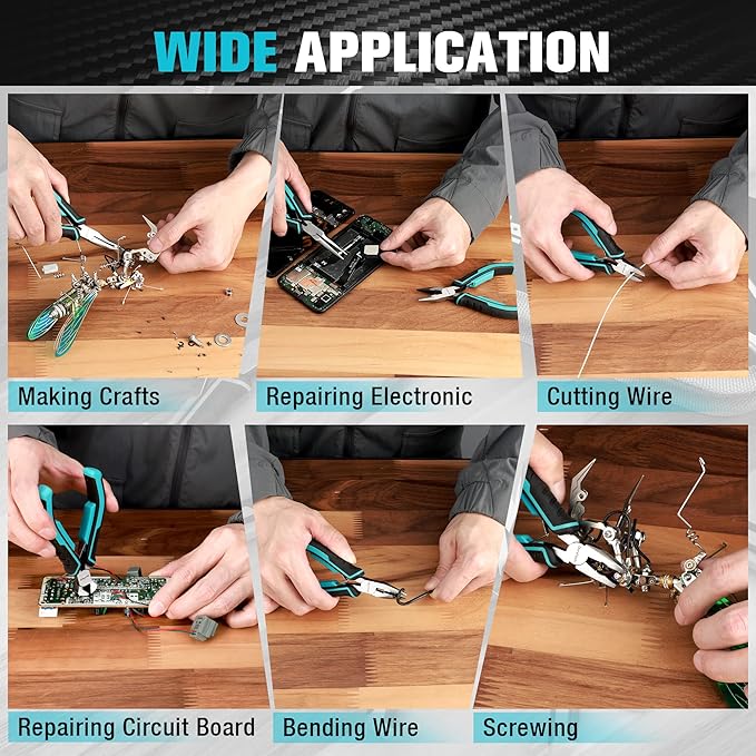 DURATECH Mini Pliers Set, 6PCS Jewelry Pliers Set, CRV Construction, Includes Needle Nose, Diagonal, Long Nose, Bent Nose, End Cutting and Linesman Pliers, for Making Crafts, Repairing Electronic