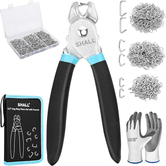 SHALL Hog Ring Pliers Kit with 600pcs Galvanized Hog Rings (3/8?쇺? 1/2?쇺? 3/4?쇺? for Upholstery, Fence, Animal Pet Cages, Bungee Cords, Bagging, Protective Gloves, Storage Case & Bag Included