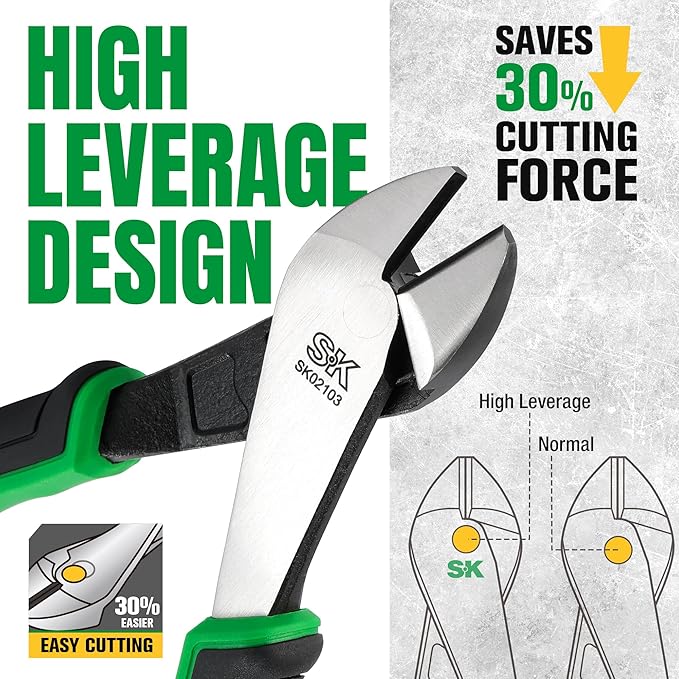 SK 8-Inch Diagonal Pliers, Heavy Duty Side Cutters, High Carbon Steel, Ergonomic Anti-slip Handle for Comfortable Grip