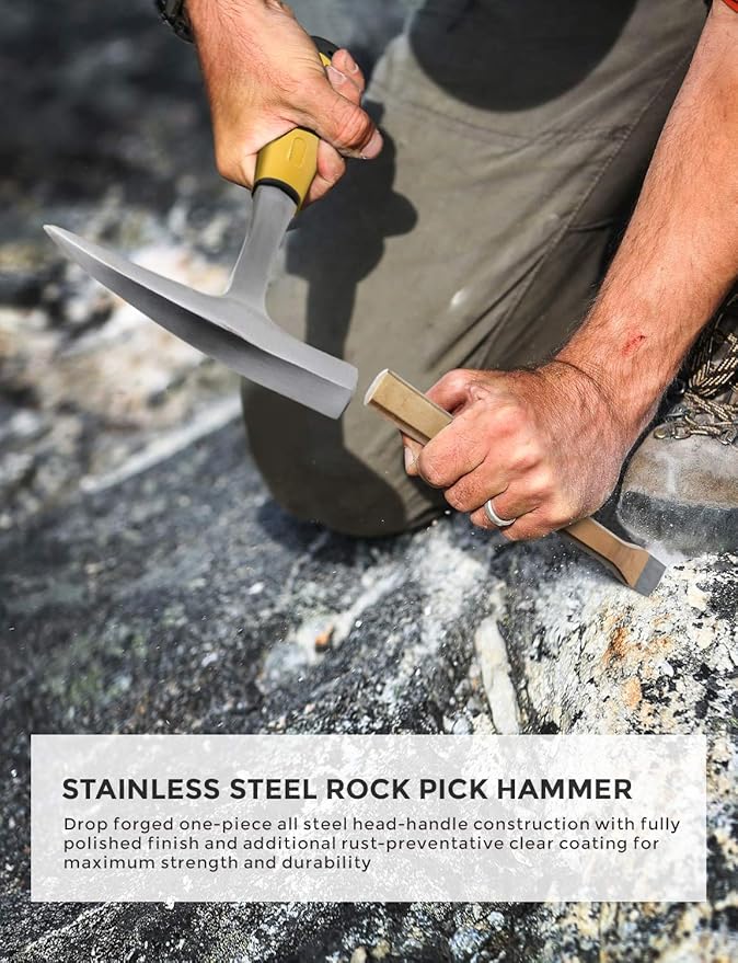 INCLY 15 PCS Geology Rock Pick Hammer Kit, 32oz Hammer & 3 PCS Digging Chisels Set for Rock Hounding, Gold Mining & Prospecting Equipment Tool Gear Shovel Musette Bag, Compass, Whistle, Wooden Chisel
