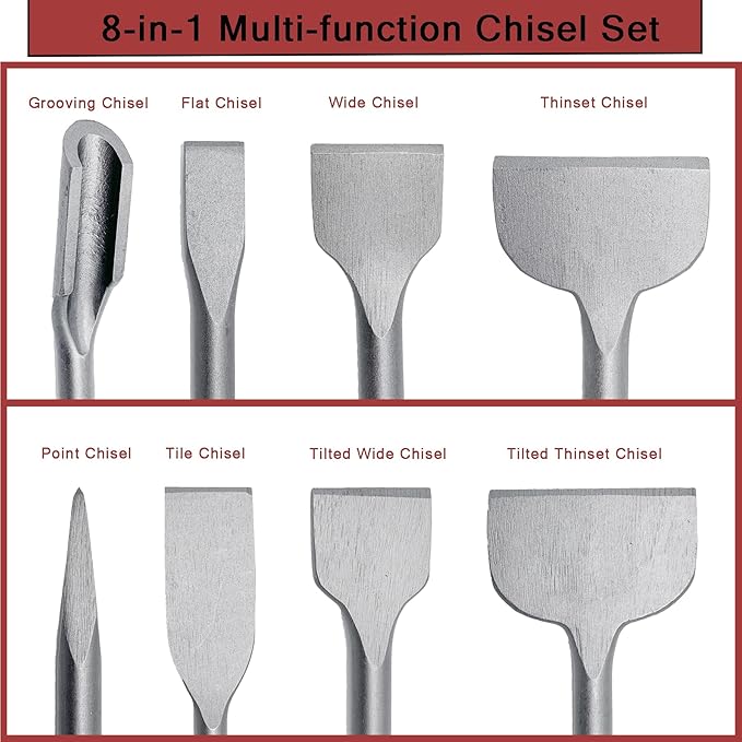 8 pcs SDS Plus Chisel Set, Masonry Concrete Drill Bit Set, Tile Removal Chisel Bits for Rotary Hammer with Point Flat Wide Tile Inclined Grooving Scraping Scaling Chisels