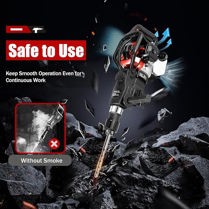 Gas Demolition Jack Hammer 33CC 2 Stroke Gasoline Concrete Breaker Punch Drill Breaker 4000BPM, Hammering Slotting Drilling Crushing 4 Functions, with 3 Drills & 2 Point Flat Chisels Set (33CC 1000W)