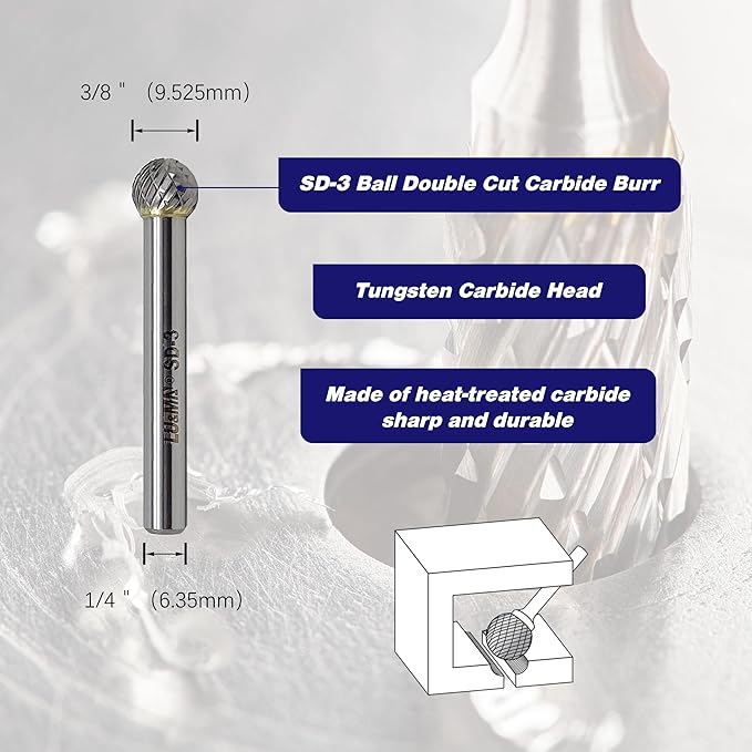 SD-3 Tungsten Carbide Burr Rotary File, Double Cut Ball Burs, 4pcs by LU&MN