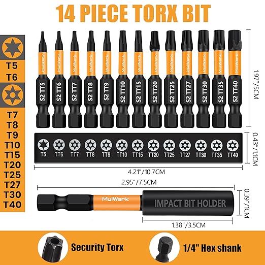 Mulwark 2" Torx Bits Set, 14 Pieces (T5?밫40) ??Premium S2 Steel Security Torx Socket Bits with Magnetic Holder, Ideal for Christmas Gifting