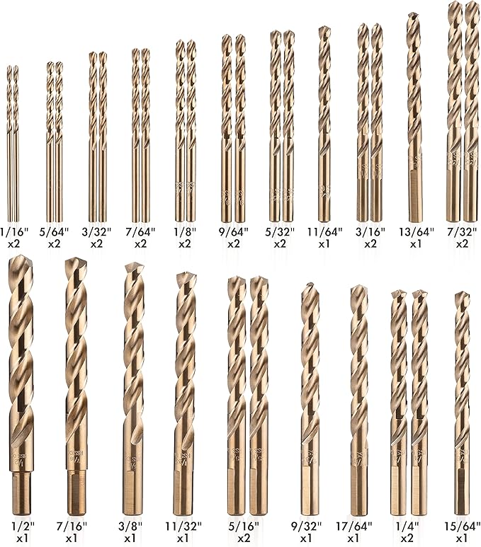 AMOOLO Cobalt Drill Bit Set 31Pcs (1/16"-1/2"), M35 High Speed Steel Metal Drill Bits Jobber Length for Hardened Metal, Stainless Steel, Cast Iron, Plastic and Wood