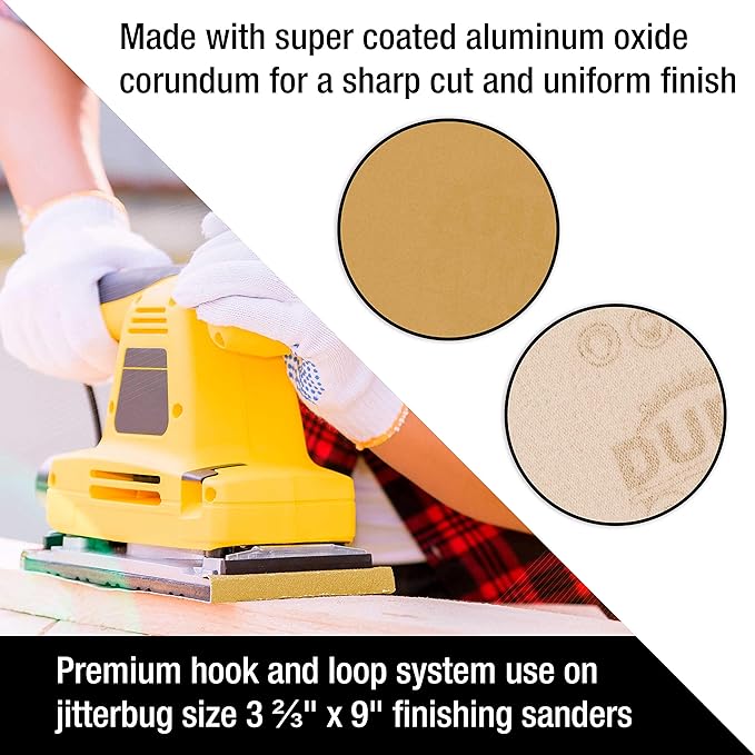 Dura-Gold Premium 1/3 Sheet Gold Sandpaper Sheets, 150 Grit (Box of 20) - 3-2/3" x 9" Size Hook & Loop Backing, Wood Furniture Woodworking, Auto Paint - Jitterbug Sanders, Clip-On, Hand Sanding Blocks