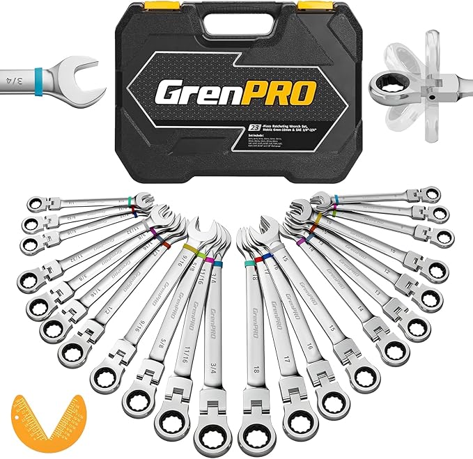 GRENPRO 23PCS Flex-Head Ratcheting Wrench Set, Combination Ratchet Wrenches Set Metric and Standard & SAE with Organizer Box, 6-18mm & 1/4" to 3/4" with Color Ring, CRV Socket Mechanic Tools Sets