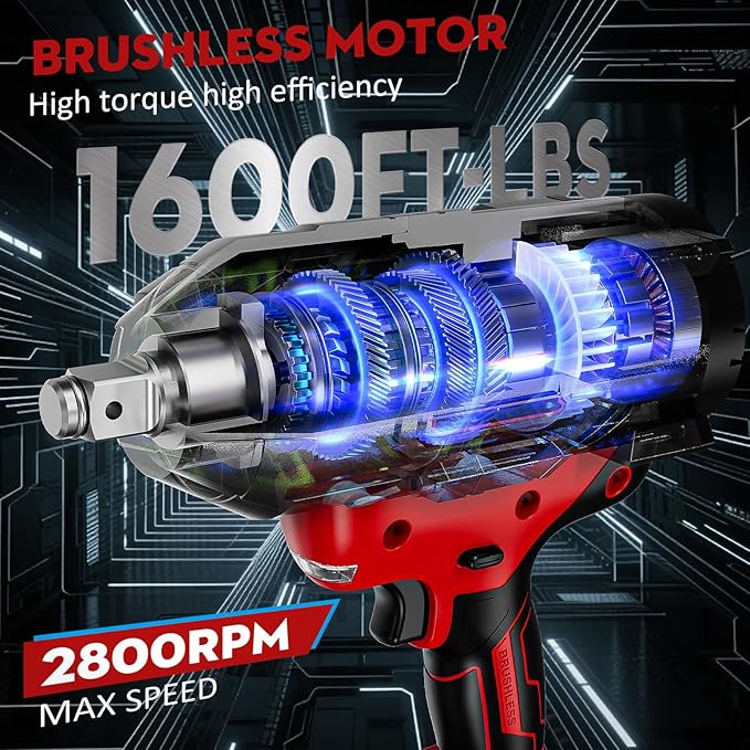 Cordless Impact Wrench 1600Ft-lbs - 2100N·m High Torque Impact Gun with 2 * 4.0Ah Battery - 3/4 Inch Brushless Impact Driver with 3/4" to 1/2" Adapter & 5 Sockets & Case for Car Truck Home