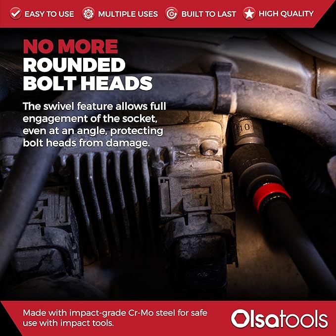 Olsa Tools Swivel Impact Socket Set, 3/8" Drive Metric - Pinless Universal Joint Sockets - Impact Swivel Socket Set - Drop-Forged Cr-Mo High Torque Wobble Sockets with Rail - Part: 1759