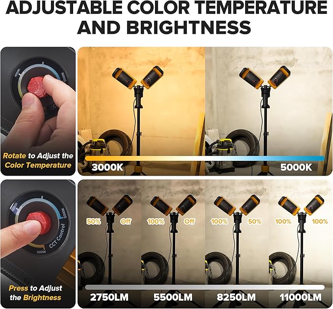LUTEC ?륶pgraded??6290Max 11000 Lumen 92W Dimmable LED Work Light with Telescoping Tripod, Adjustable Color Temperature Dual-Head Work Light with Stand and 8 Ft 3-Prong Power Cord