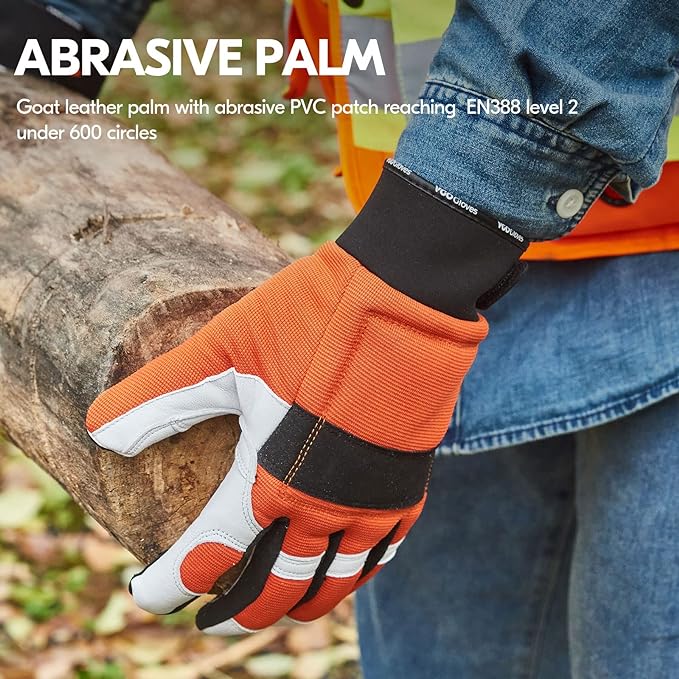 Vgo... 1Pair Chainsaw Gloves, 12-Layer Chainsaw Protection on Left Hand Back,Goat leather Work Gloves, Mechanic Gloves