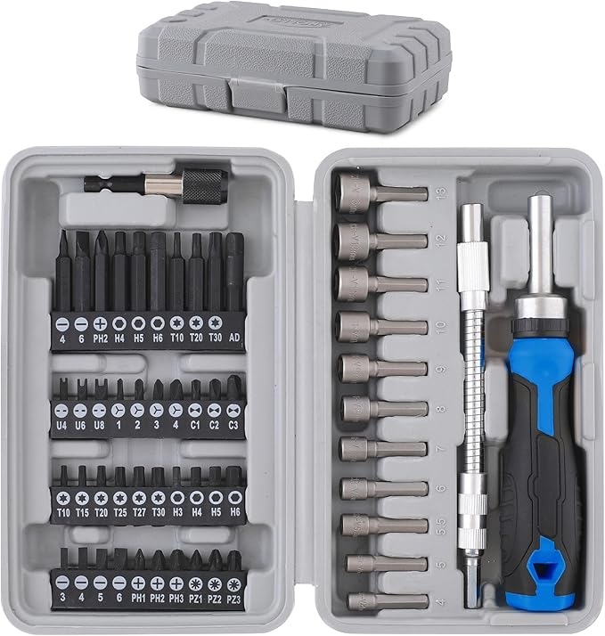 Apollo Tools 54-Piece Screwdriver & Nut Driver Bit Set ??Ratcheting Handle, Flexible Extension, Metric Nut Drivers, Specialty Bits for Household, Automotive, & Appliance Repairs, Blue/Gray DT9025