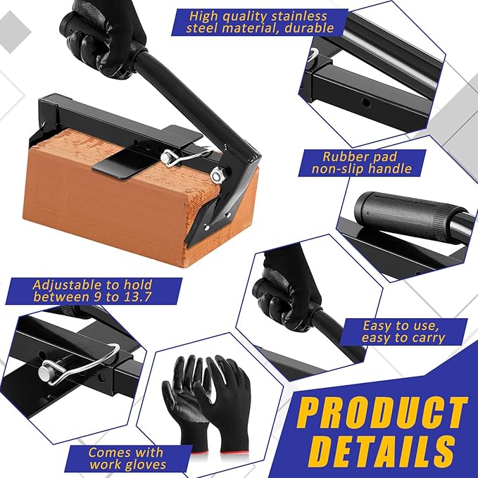 Adjustable Heavy Duty Brick Tongs Set Heavy Duty Block Tongs with Rubber Pad Handle and Work Gloves Adjustable 9-13.7 Inches Paver Claw for Bricks Lifting Carrying