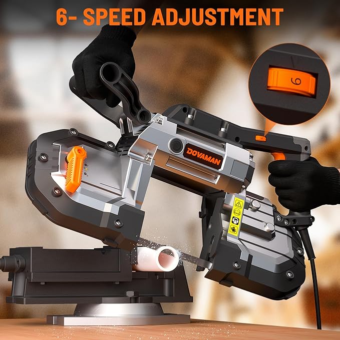 DOVAMAN Portable Bandsaw, 10A 5 Inch Cutting Capacity Handheld Corded Band Saw, 6-Speed 0째- 45째 Adjustable Angle Band Saws, For Woodworking For Cutting Metal, Includes 2 Saw Blades