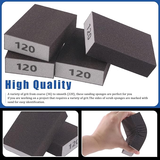 Glarks 16Pcs 120 Grit Sanding Sponge Kit 15Pcs 10x7x2.5CM Washable and Reusable Sanding Blocks and 1Pc Paint Brush Ideal for Wood Working, Drywall Metal Polishing