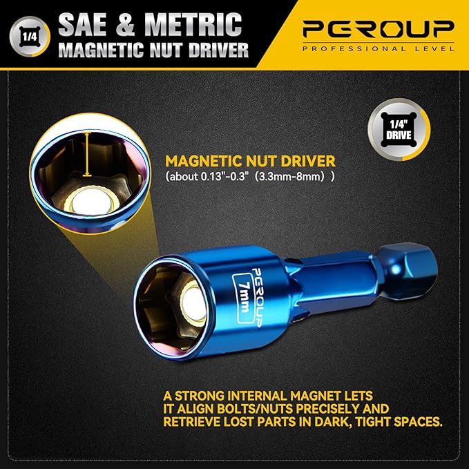 18 PCS Impact Magnetic Nut Driver Set, Metric & SAE Impact Driver Bit Set, 1/4 Inch Hex Shank Drill Socket Set, Nut Driver Set For Impact Drill