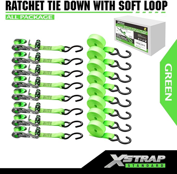 XSTRAP STANDARD 1in x 14ft Ratchet Straps with Ergonomic Aluminium Alloy Handle and Coated S-Hooks - 500 lb. Working Load Limit / 1,500 lb. Breaking Strength - Green, 8PK