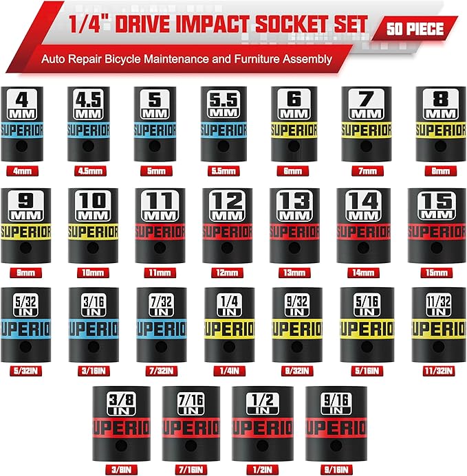 50 Piece 1/4" Drive Impact Socket Set, SAE (5/32" - 9/16") & Metric (4 mm - 15 mm), Deep and Shallow Sockets, Auto Repair Bicycle Maintenance and Furniture Assembly