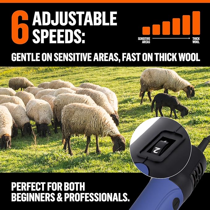 Sheep Shears Electric Clippers 2500RPM, 6-Speed Control - Heavy Duty Livestock Grooming Kit for Sheep, Goats, Alpacas, Llamas - Case, Low Vibration, 18.3ft Cord (2 Blades Included)
