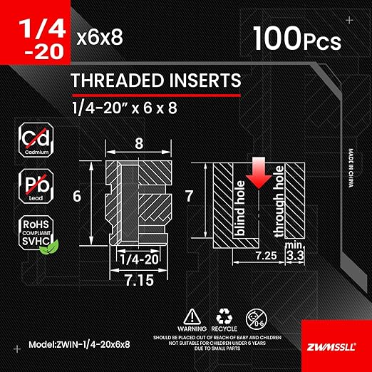1/4"-20 Threaded Inserts-100 Pieces 1/4"-20 x 6 x 8 Heat-Set Insert Brass Knurled Nuts for 3D Printing Components and Plastic Parts