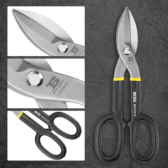 10 Inch Straight Pattern Tin Snips Metal Cutters, High Strength Forged and Heat Treated Carbon Steel with Comfortable Black Rubber Handle