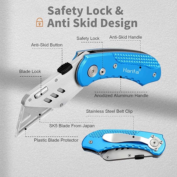 Harita Folding Utility Knife Box Cutter Quick Change Blades, Back-lock Mechanism, Portable Belt Clip, with 5-piece Extra Blades, Blue