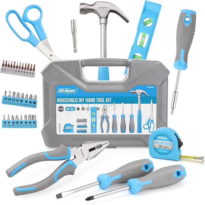 Hi-Spec Tool Set, Blue Household Starter Set with Tool Box, Car ToolKit, Tools for Home Office Dorm Room Essentials, Easy to Carry and Store