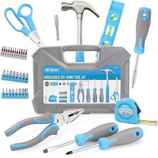 Hi-Spec Tool Set, Blue Household Starter Set with Tool Box, Car ToolKit, Tools for Home Office Dorm Room Essentials, Easy to Carry and Store