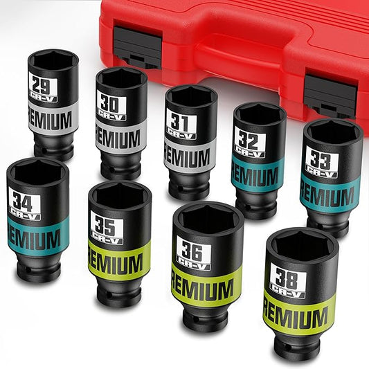 9 Piece 1/2" Drive Impact Socket Set, Metric Axle Nut Sockets, 29-38mm Thicker Jumbo Sockets, Socket Set, 6 Point, Cr-V Steel for Auto Repair