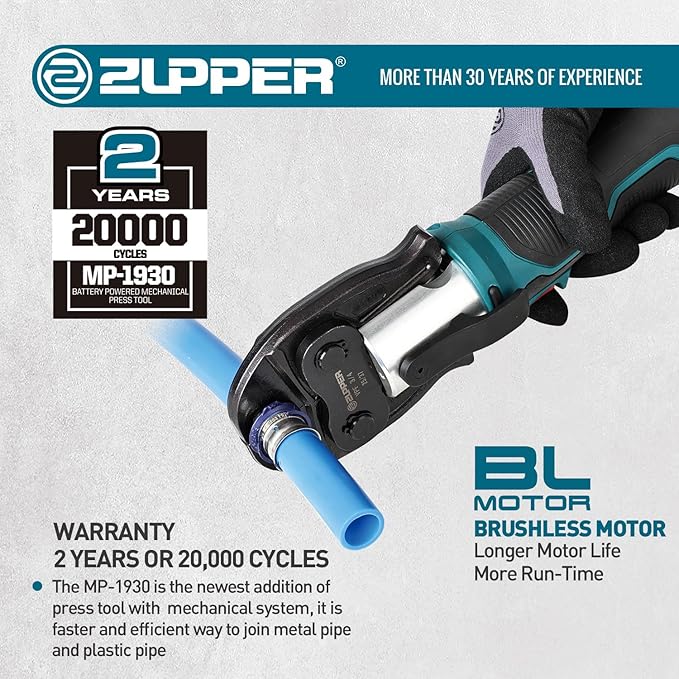 ZUPPER Mini Press Tool kit with 3 Jaws Suitable for PureFlow press fittings 1/2", 3/4", 1", Brushless Motor, 2pcs Battery, Fast Charger & Carrying Case