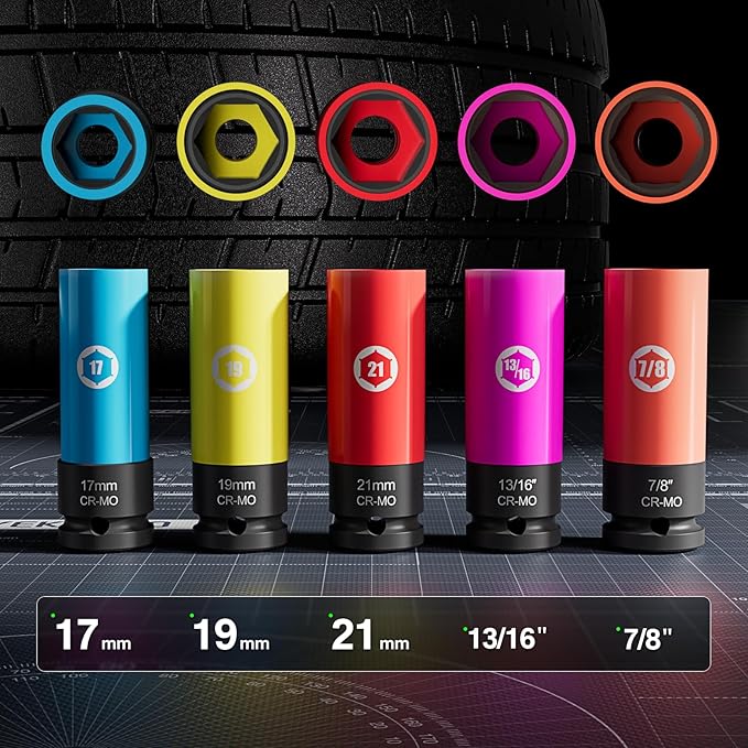 5 Pieces 1/2 inch Drive Impact Lug Nut Socket, Metric/SAE 17mm 19mm 21mm 13/16?쇺?7/8?쇺?Thin Wall Deep Socket Set with Non-Marring Wheel Protectors