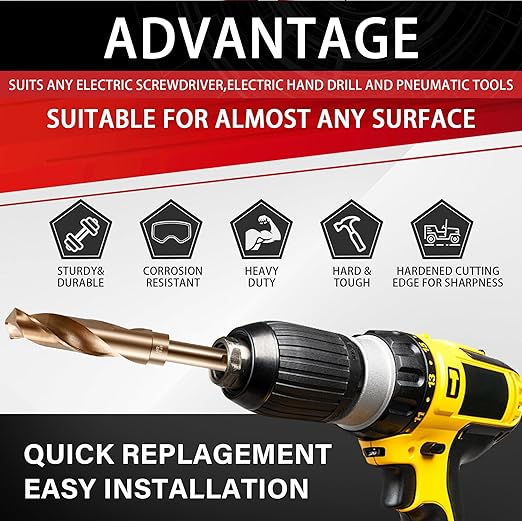 Reduced Shank Drill Bit Set, 8Pcs High-Speed Steel, 1/2??Reduced Shank Deming Large Drill Bit Set for Home DIY and General Building, Engineering, Woodworking with Indexed Storage case