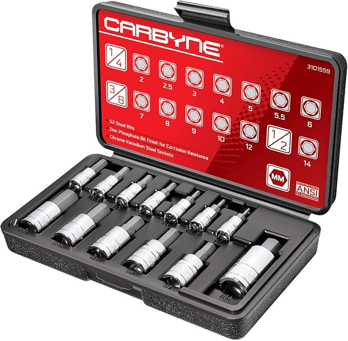 CARBYNE 13-Piece Metric Hex (Allen) Bit Socket Set. Includes 2mm - 14mm. S2 Steel Bits, Cr-V Sockets, Durable Case ??From a Family-Run Tool Company Based in the U.S.A.