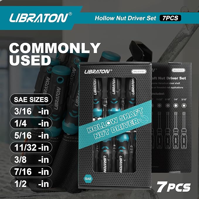 Libraton Hollow Nut Driver Set SAE, Magnetic Hex Nut Drivers, 3-inch Full-hollow Shaft for Long Bolts, 7-Pieces Standard Sizes 3/16, 1/4, 5/16, 11/32, 3/8, 7/16, 1/2 Inch