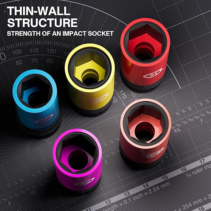 5 Pieces 1/2 inch Drive Impact Lug Nut Socket, Metric/SAE 17mm 19mm 21mm 13/16?쇺?7/8?쇺?Thin Wall Deep Socket Set with Non-Marring Wheel Protectors