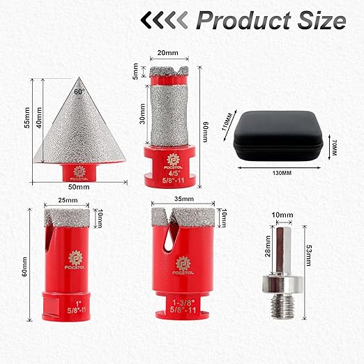 FOCSTOL Diamond Core Drill Bit Set - 5pcs (25/35mm+20mm Drilling Milling Bit+50mm Beveling Chamfer Bit+HEX) Diamond Hole Saw Kit for Porcelain Ceramic Tile Marble Granite