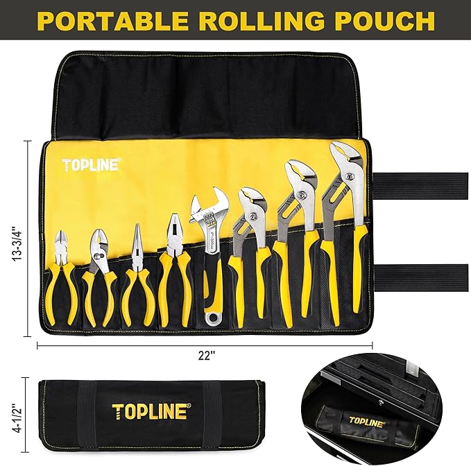 TOPLINE 8-Piece Pliers and Wrench Set, 8??Adjustable Wrench, 12?? 10?? 8??Groove Joint, 7??Linesman, 6??Slip Joint, 6??Long Nose, 6??Diagonal Pliers for Home Repair, Rolling Pouch Included