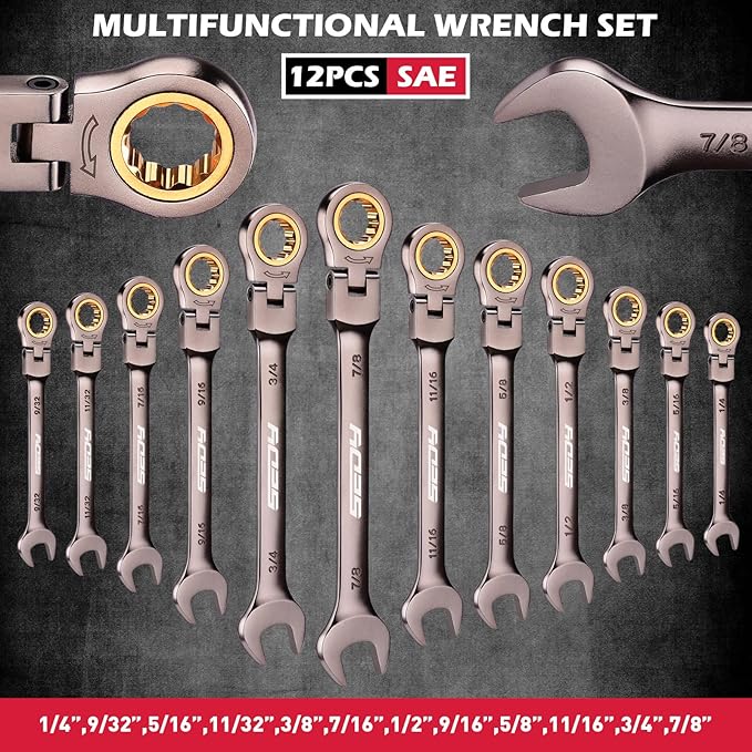 SEDY Premium 12-Piece SAE Flex-Head Ratchet Wrenches Set 1/4"-7/8" with Magnetic Organizer, Cr-V Steel Ratcheting Wrench Set with 72 Teeth 180째 Flex Head, Ratchet Combination Wrench Set for Repair