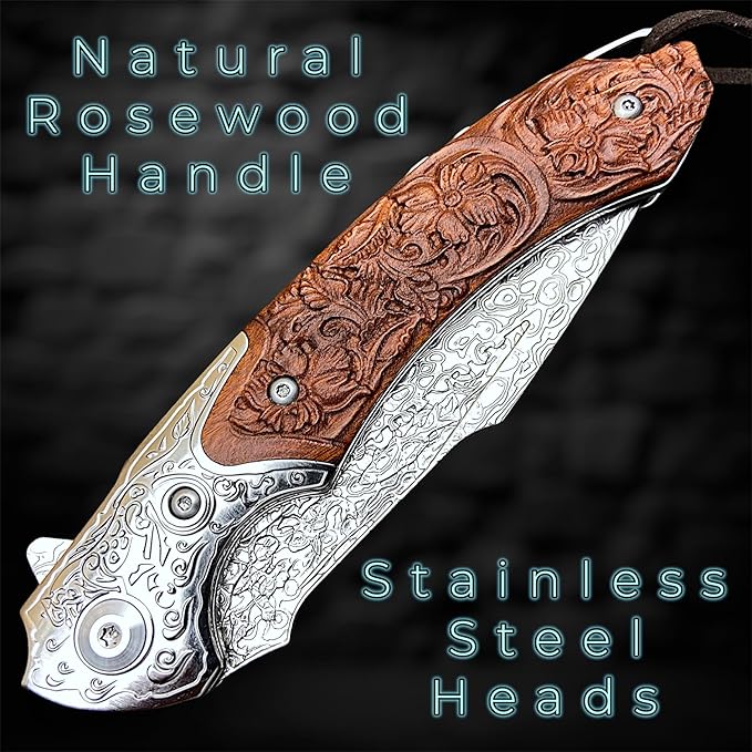 TACTICAL GEARZ Damascus Steel Pocket Knife, Custom Carved Rosewood Handle, Includes Custom Leather Sheath (Kahuna XT)