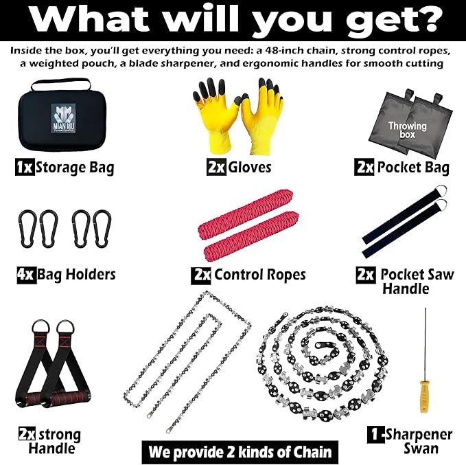 2 Pack High Limb Rope Saw 55 Inch – Dual Sided Manual Chainsaw with 70 Sharp Teeth Tree Rope Chain Saw for High Limbs with Storage Box – Heavy Duty Rope Saw for Tree Cutting, Camping & Survival