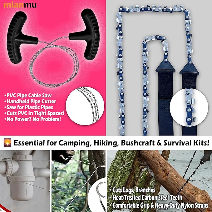 36 Inch Pocket Chainsaw Survival Kit ??Hand Chain Cutting Tool with Wire Cutter, Sharpening File & Storage Box for Camping, Hiking & Outdoor Tree Work