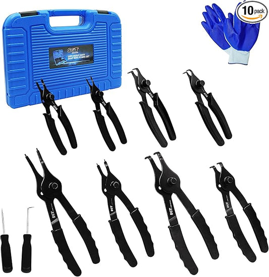 SGT Snap Ring Pliers Set,10 Pcs Internal & External Circlip Pliers With Bent & Straight Pliers,Heavy Duty Removal Tool,Include Hook, Pick,Storage Case and Gloves