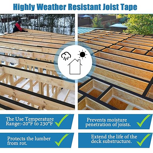 Deck Joist Tape 2''횞50',4 Pack Weather-Resistant Joist Tape for Decking,Waterproof Seal Antiseptic Butyl Decking Tape,Self-Adhesive Flashing JoistsTape for Wood Decks Beams Roof