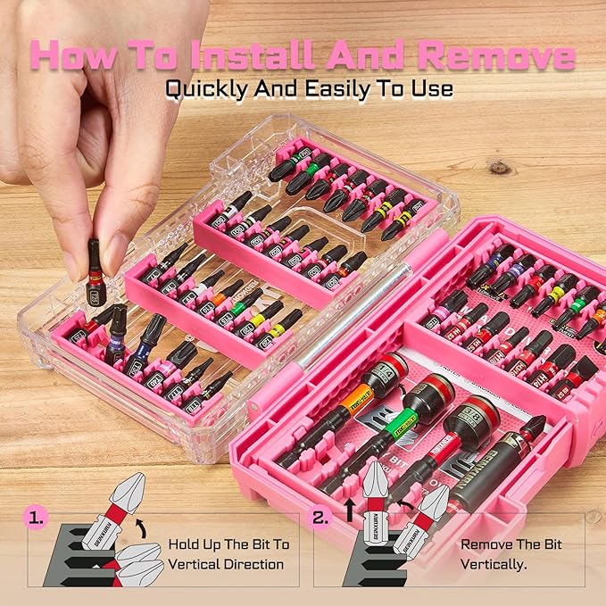 47Pieces Impact Screwdriver Bits Set, Magnetic S2 Steel 1??Phillips/Square/Torx/Slotted/Hex/Security Torx Bits Tips,Impact Bit Holder with Pink Storage Box Case