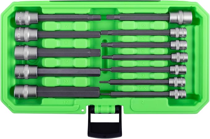 OEMTOOLS 23903 12 Piece Metric Magnetic Long Hex Bit Socket Set, Metric Hex Sockets, 1/4" and 3/8" Drive Long Metric Hex Socket Set, Allen Bit Sockets